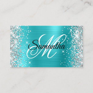 Carte De Visite Turquoise Bleu Pailleté Argenté Monogramme Fantais