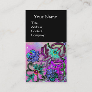 Carte De Visite TURQUOISE BLEU PURPLE LACE FLEURS GEMSTONES Noir