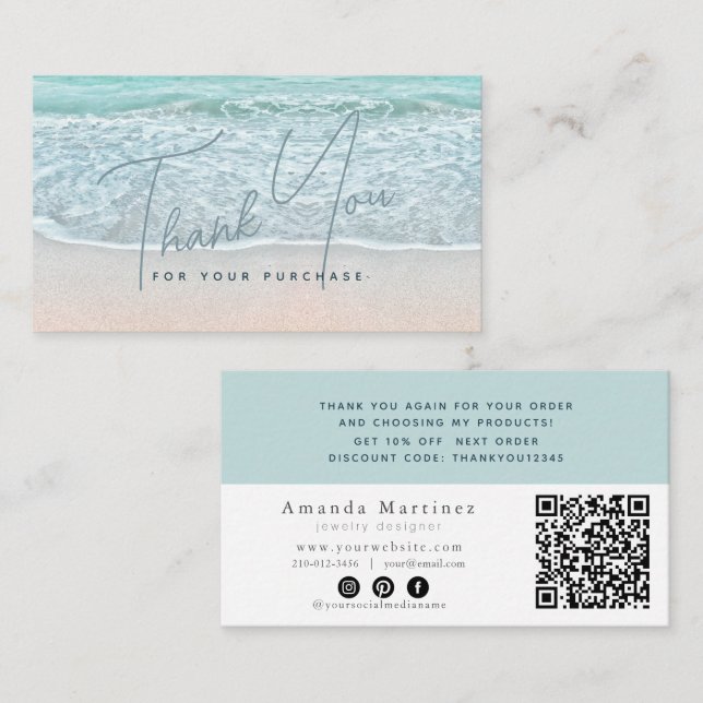 Carte De Visite Turquoise Blue Ocean Sandy Beach Thank You QR (Devant / Derrière)