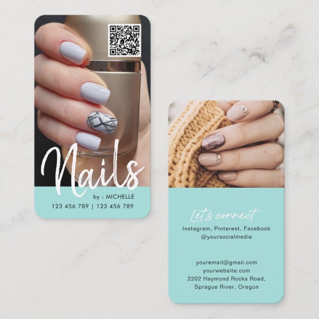 Carte De Visite Turquoise chic QR code ongles photo  (Devant / Derrière)