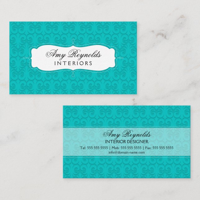 Carte De Visite Turquoise Damassé Élégant (Devant / Derrière)