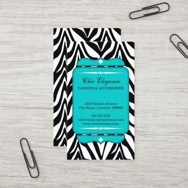 Carte De Visite Turquoise élégante d'impression de zèbre (Devant/Arrière en situation)