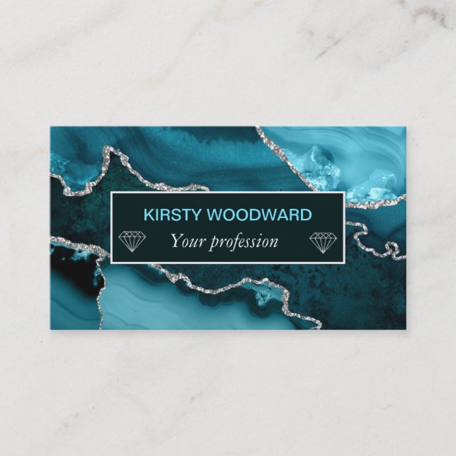 Carte De Visite Turquoise et Faux Argent Parties scintillant Marbr (Devant)