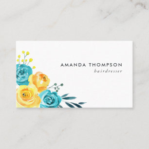 Carte De Visite Turquoise et floral aquarelle jaune