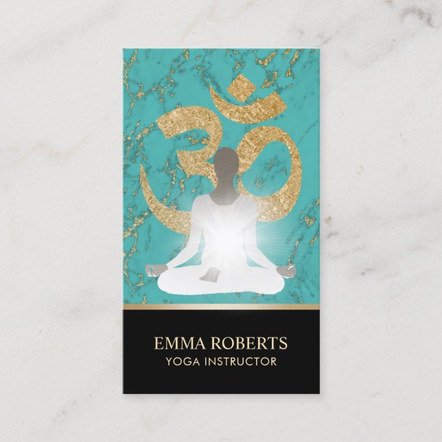 Carte De Visite Turquoise et or de Namaste d'instructeur de yoga (Devant)