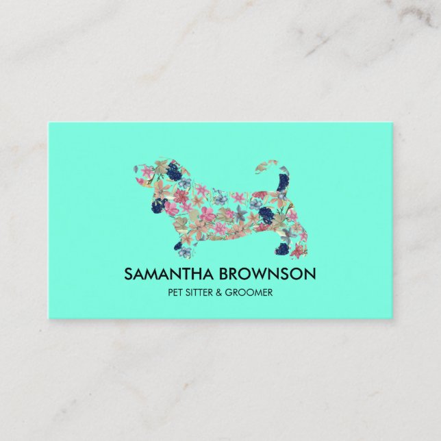 Carte De Visite Turquoise Floral Dachshund Chien assis (Devant)