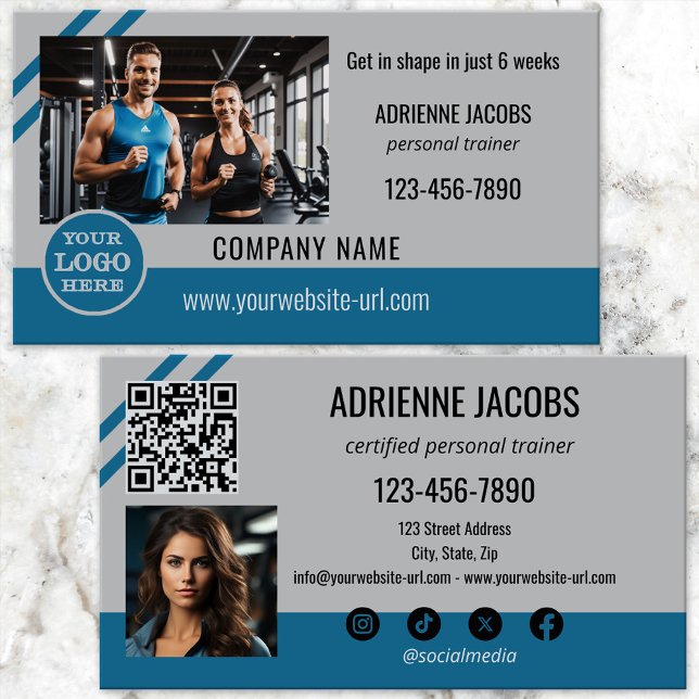 Carte De Visite Turquoise Grey Personal Fitness Trainer Photo (Business card featuring your photo and logo on a teal grey design with QR code and social media)
