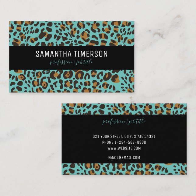 Carte De Visite Turquoise Leopard Poster de animal Moderne Profess (Devant / Derrière)