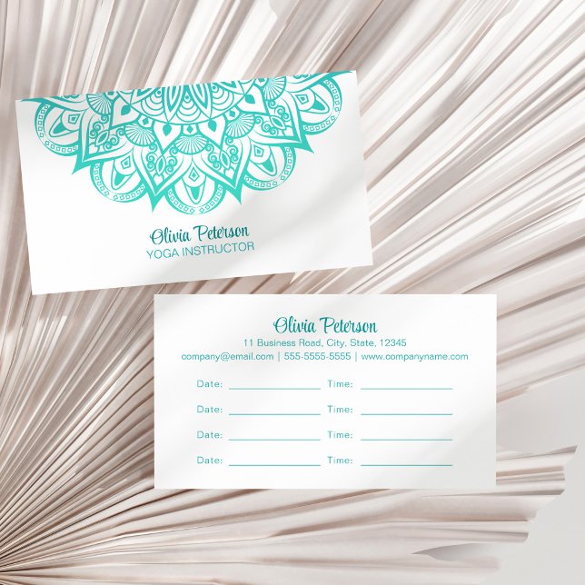 Carte De Visite Turquoise Mandala Yoga Instructor Nomination (Turquoise Mandala Yoga Instructor Appointment Business Card on a dry palm leaf.)