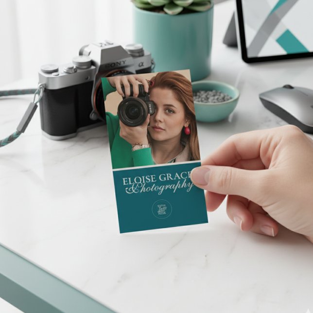Carte De Visite Turquoise Modern Photo Logo QR Code (This modern business card features vertical headshot photo and professional typography!)