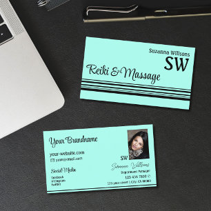 Carte De Visite Turquoise moderne en bandes noires avec Monogramme
