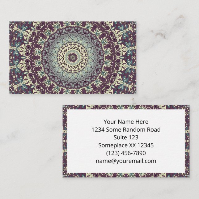 Carte De Visite Turquoise pourpre et Motif Mandala crème (Devant / Derrière)