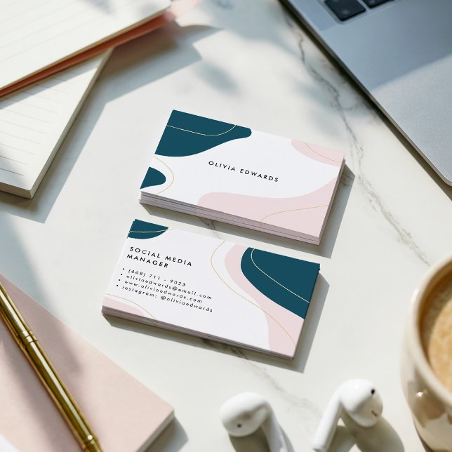 Carte De Visite Turquoise rose vif moderne blanc abstrait (Modern blush pink teal white abstract brushstrokes)