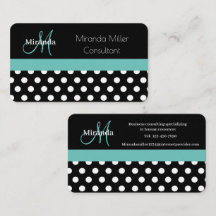 Carte De Visite Turquoise vert Monogramme noir blanc Polka point