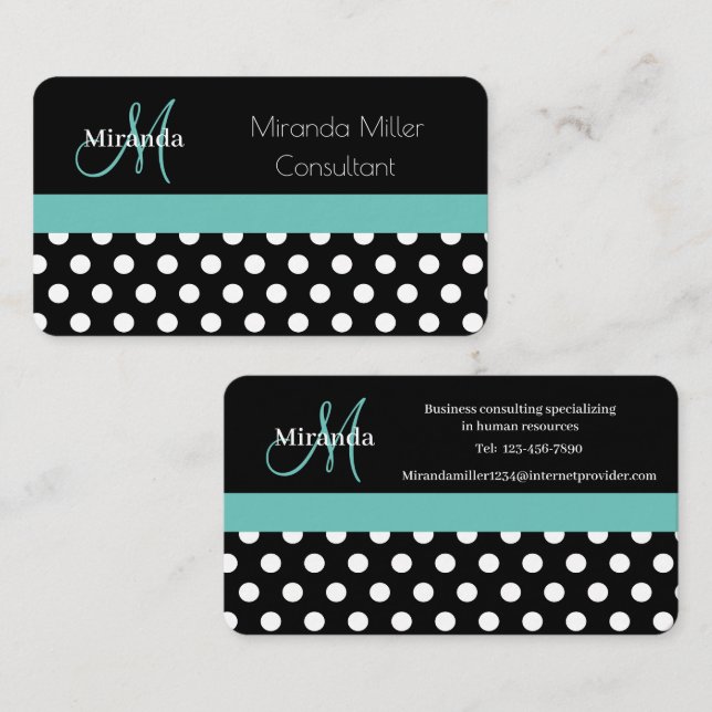 Carte De Visite Turquoise vert Monogramme noir blanc Polka point (Devant / Derrière)