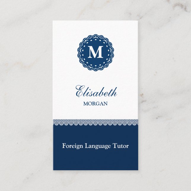 Carte De Visite Tutor de langue étrangère Elegant Blue Lace Monogr (Devant)