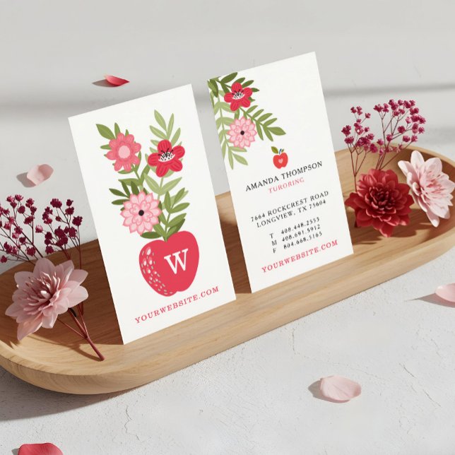 Carte De Visite Tutorat floral de la pomme rouge florale (Blooming Floral Red Apple Learning Tutoring Business Card)