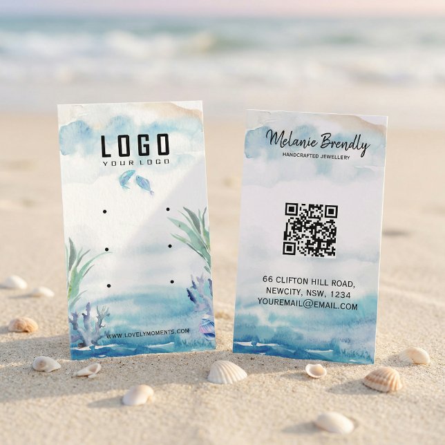 Carte De Visite Two Less Fish in The Sea Summer Earring Display (#WatercolorDesign
#JewelryBranding
#SmallBusinessBrand
#ElegantBusinessCard
#HandmadeBrand
#Minimal)