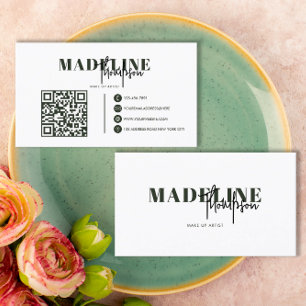 Carte De Visite Typographie chic moderne Script Dark Green QR Code