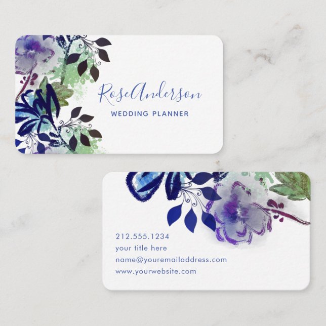 Carte De Visite Typographie florale bleu pourpre vert (Devant / Derrière)