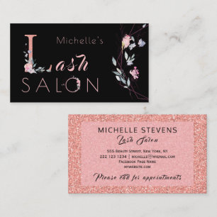 Carte De Visite Typographie florale parties scintillant rose noir 