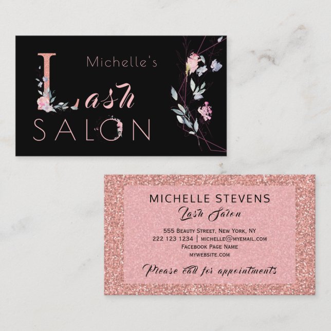 Carte De Visite Typographie florale parties scintillant rose noir  (Devant / Derrière)