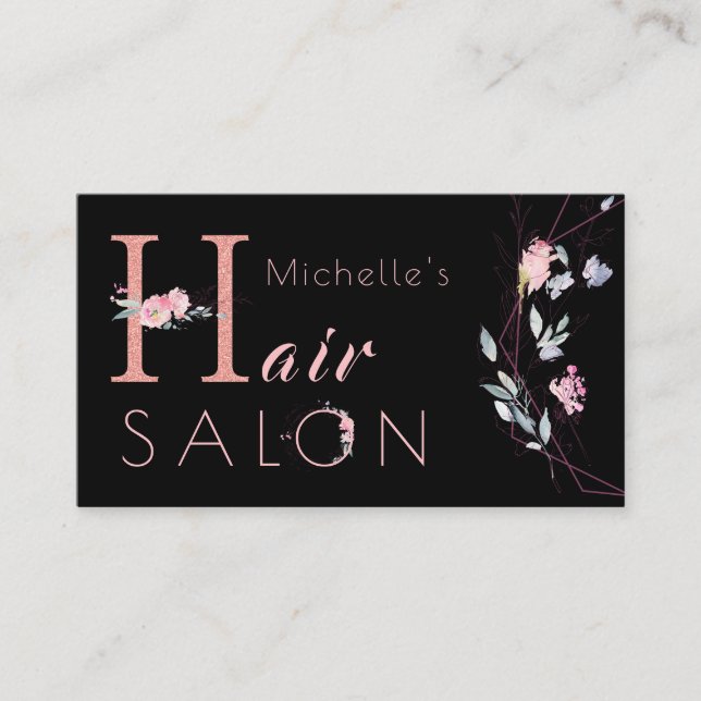 Carte De Visite Typographie florale parties scintillant rose noir  (Devant)