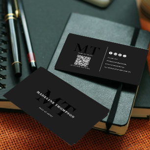 Carte De Visite Typographie Luxe noir gris foncé Monogramme QR cod