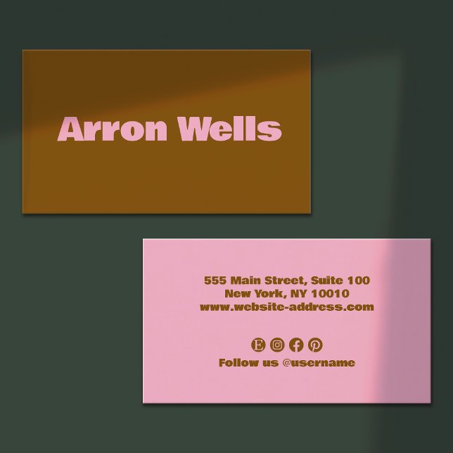 Carte De Visite Typographie moderne Bold Brown Professional (light pink bold retro typography on brown background - social media icons on backside)