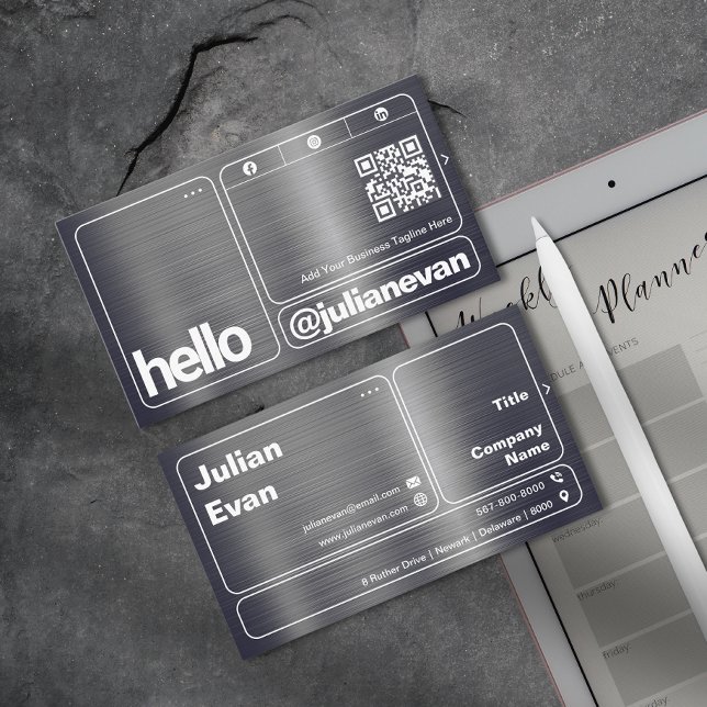 Carte De Visite Typographie moderne en métal brillant Bold Bonjour (Modern Shiny Metal Bold Typography Hello Business Card)
