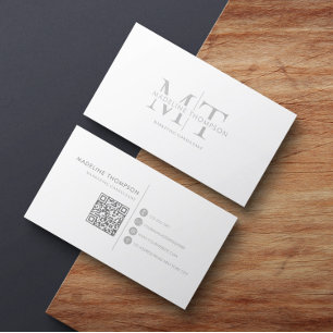 Carte De Visite Typographie moderne Monogram Silver Grey Code QR