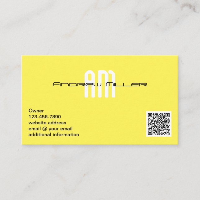 Carte De Visite Typographie moderne Monogramme Jaune Ajouter QR Co (Devant)