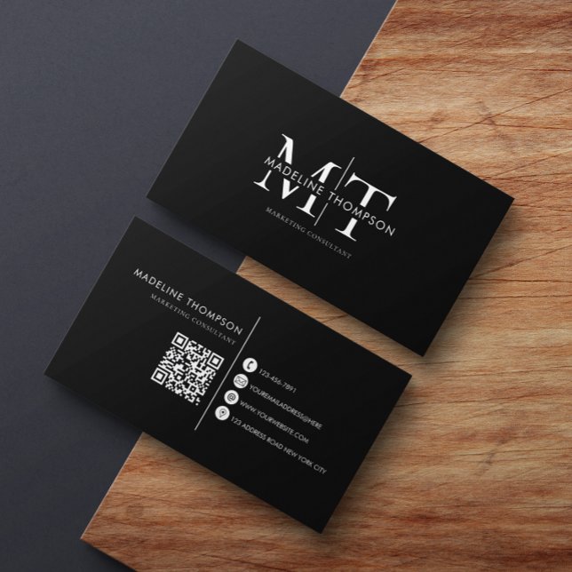 Carte De Visite Typographie moderne Monogramme noir QR code (Créateur téléchargé)