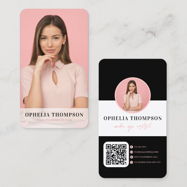 Carte De Visite Typographie noir rose fusée Code QR (Devant / Derrière)