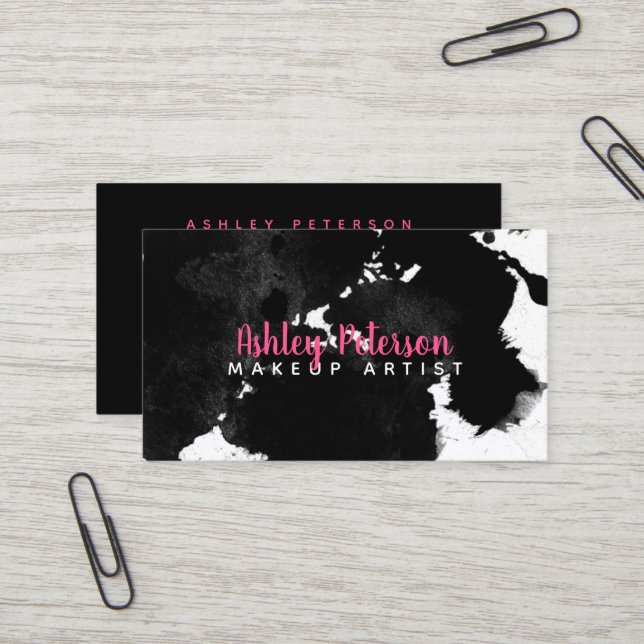 Carte De Visite typographie noire de maquillage de brushtrokes (Devant/Arrière en situation)