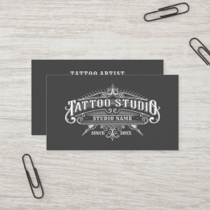 Carte De Visite Typographie vintage Tattoo Studio Gris blanc