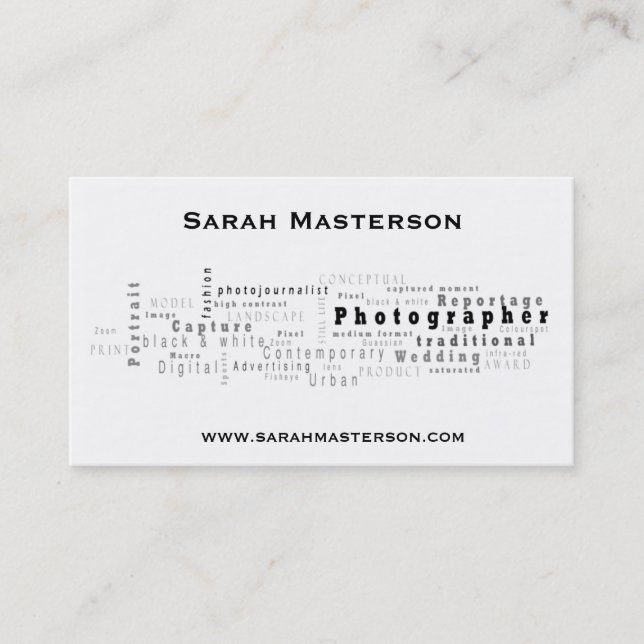 Carte de visite typographique blanc de photographe (Devant)