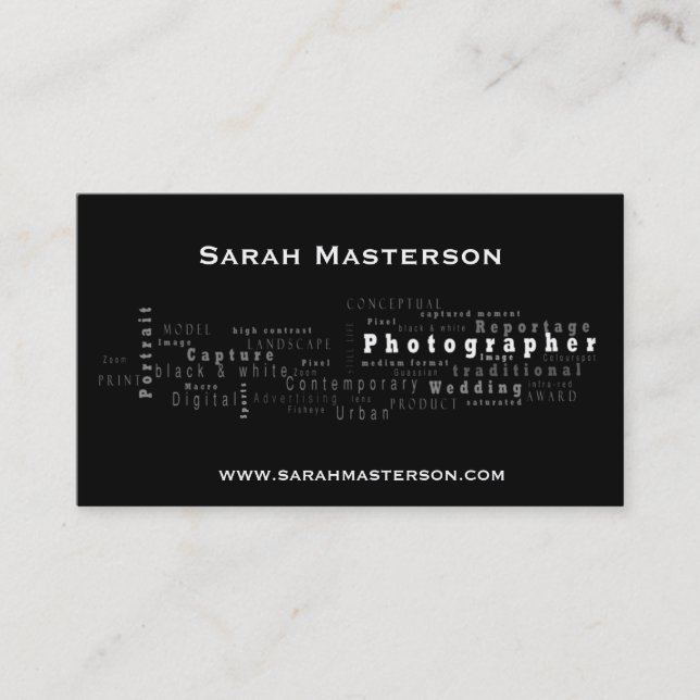 Carte de visite typographique noir de photographe (Devant)