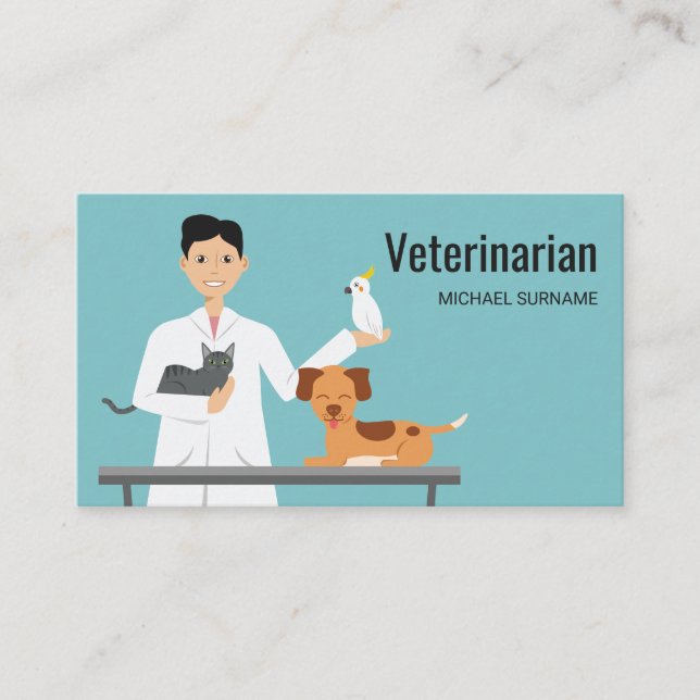 Carte De Visite Un Vétérinaire En Bleu Avec Des Animaux Illustrati (Devant)