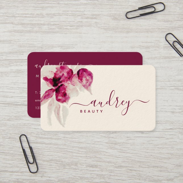 Carte De Visite Unique Hibiscus Bourgogne Floral Fancy Signature (Devant/Arrière en situation)