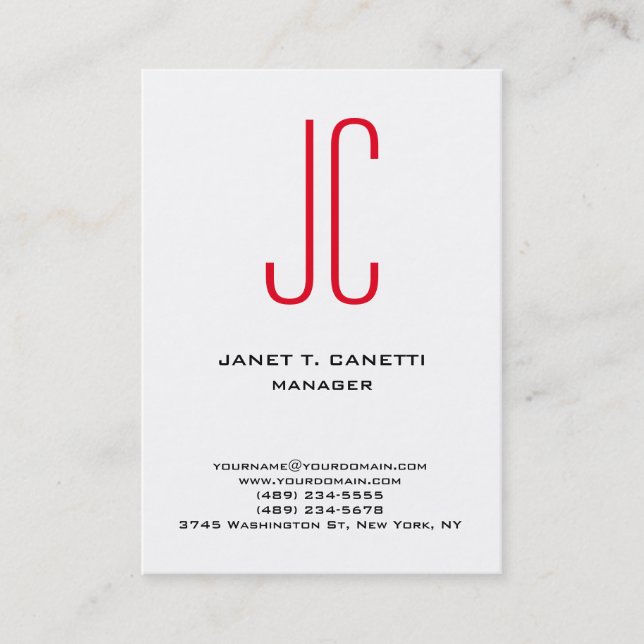 Carte De Visite Unique moderne clair simple blanc rouge monogramme (Devant)