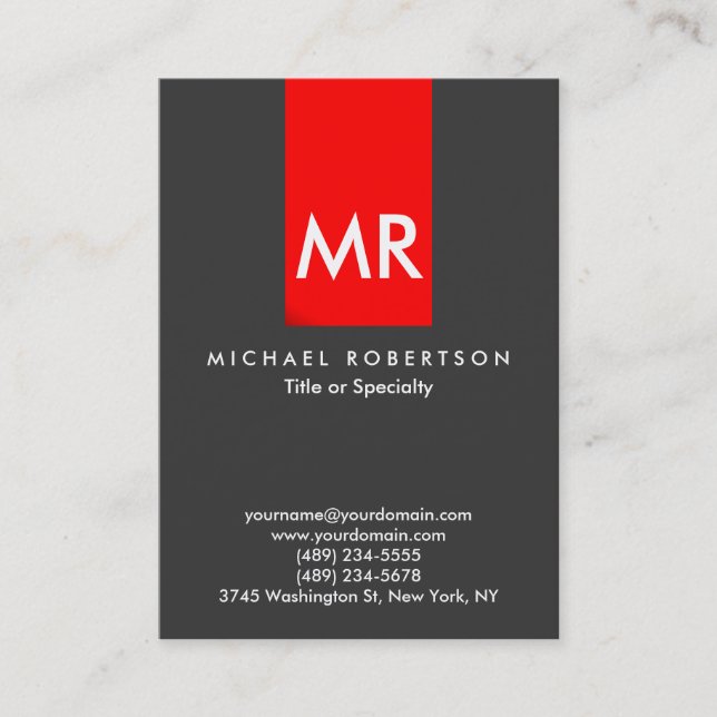 Carte De Visite Unique Monogramme Gris Rouge Bande blanche (Devant)
