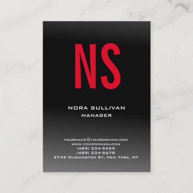 Carte De Visite Unique simple noir gris gris rouge monogramme (Devant)