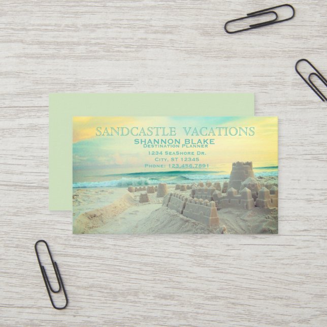 Carte De Visite Vacances de paysage de plage de pâté de sable (Devant/Arrière en situation)