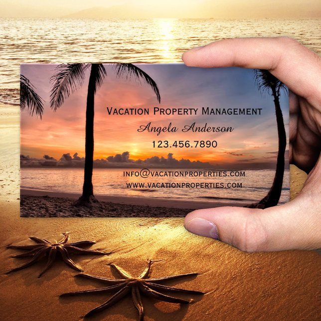 Carte de visite Vacation Property Management (Business card showing a sunset at a tropical beach - travel agency - holiday rentals - vacation home)