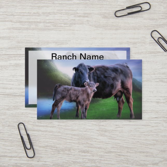 Carte De Visite Vache et veau de l'Angus noir (Devant/Arrière en situation)