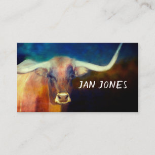 Carte De Visite vache longhorn art sur coutume bleu et marron