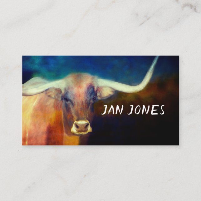 Carte De Visite vache longhorn art sur coutume bleu et marron (Devant)