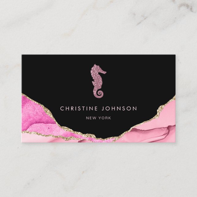 Carte De Visite ・vagues conception de hippocampe rose sur noir (Devant)