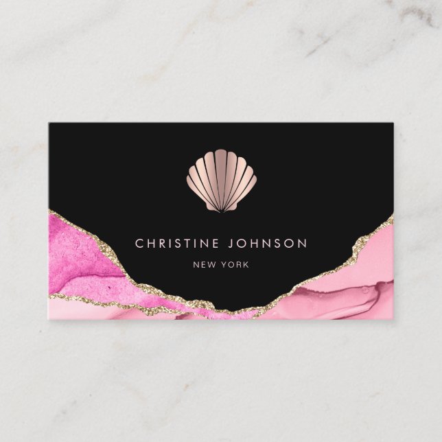 Carte De Visite vagues design coquillage rose sur noir (Devant)